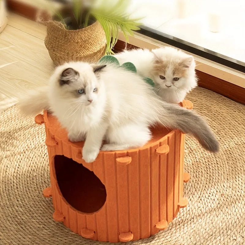 A soft grey felt cat tunnel nest with a round entrance, shown in two different sizes.