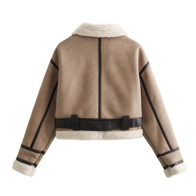 Women's loose long sleeve lamb wool splicing coat in khaki with PU fabric and zipper front