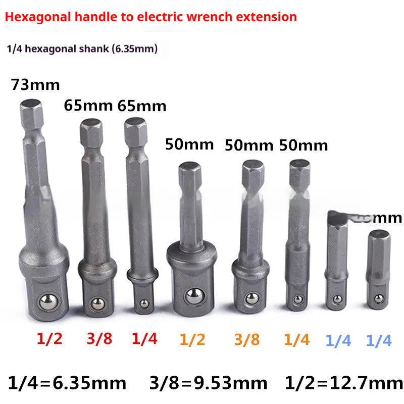 CR-V steel hexagonal handle to electric wrench connecting rod set with steel ball connector, available in multiple piece counts.