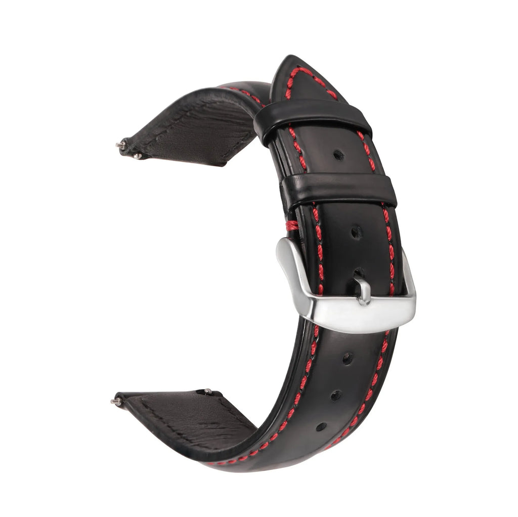 Quick release cowhide leather watch strap showing quick-release spring bar and colour options on a grey background.
