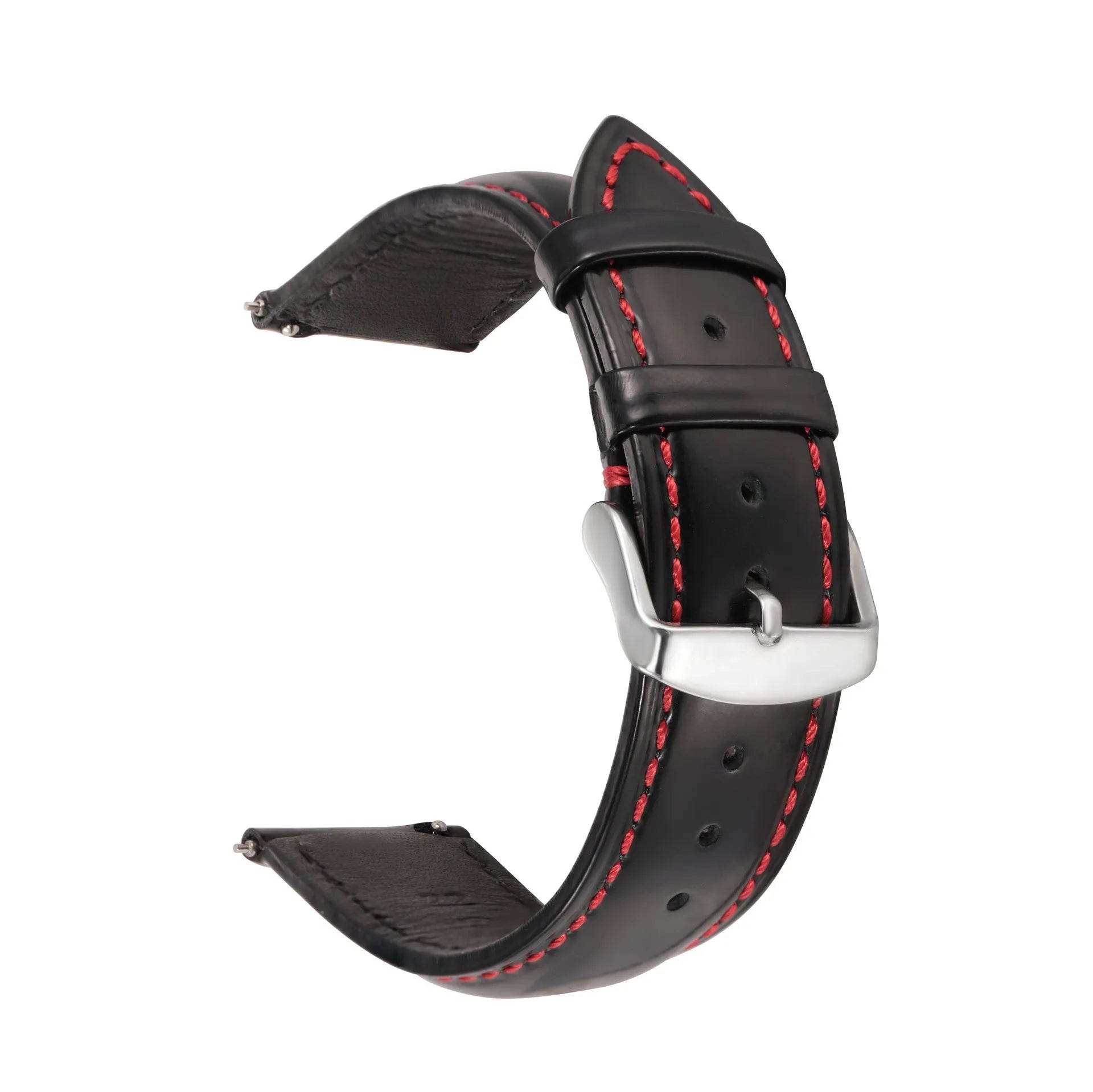 Quick release cowhide leather watch strap showing quick-release spring bar and colour options on a grey background.