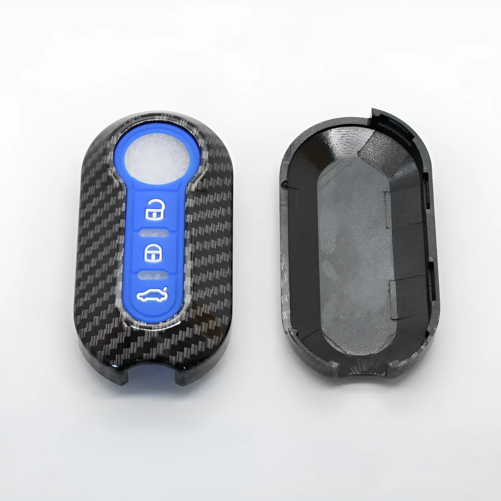 Fiat 500 FYT model car remote key replacement shell in ABS plastic, shown in black, red, and dark blue colour options.