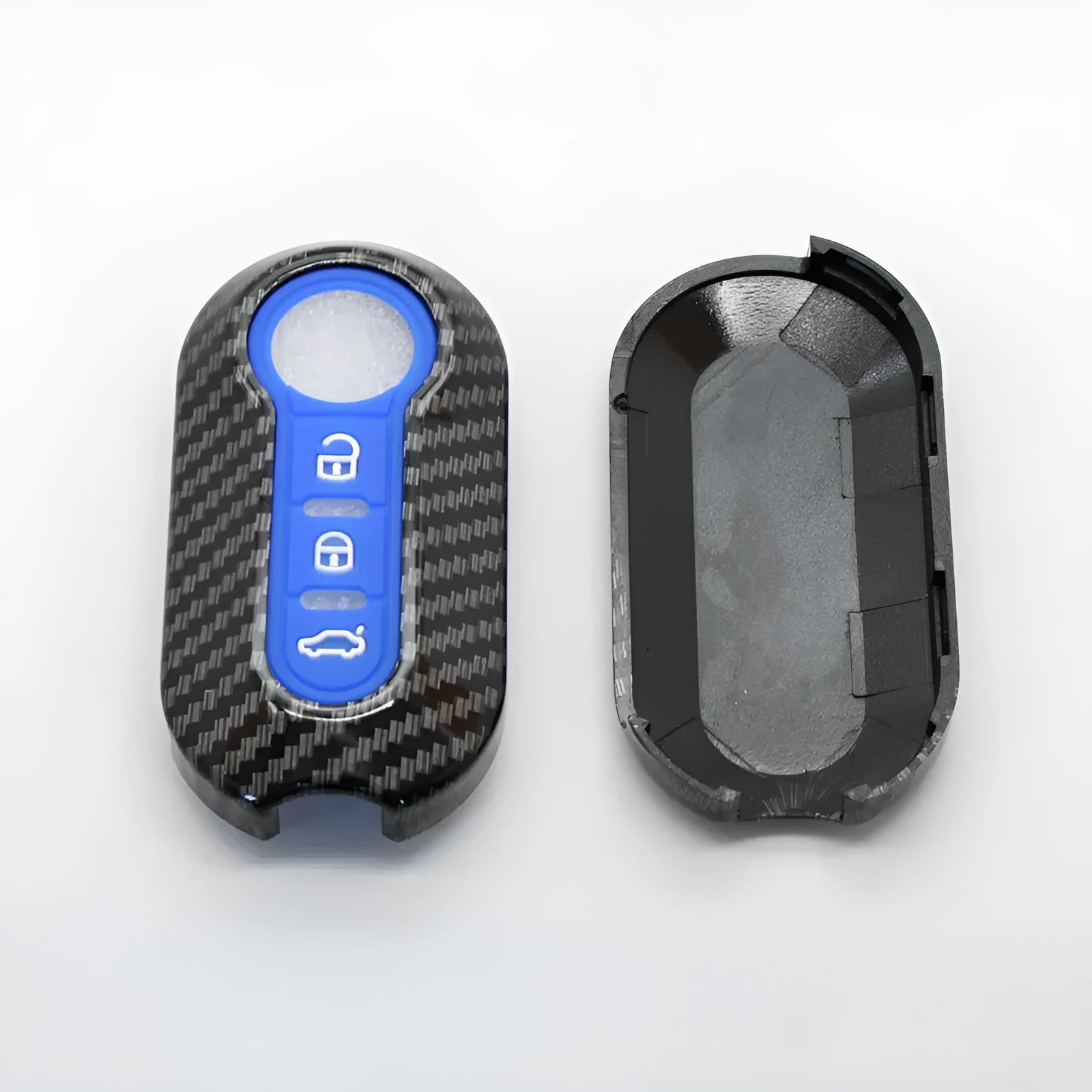 Fiat 500 FYT model car remote key replacement shell in ABS plastic, shown in black, red, and dark blue colour options.