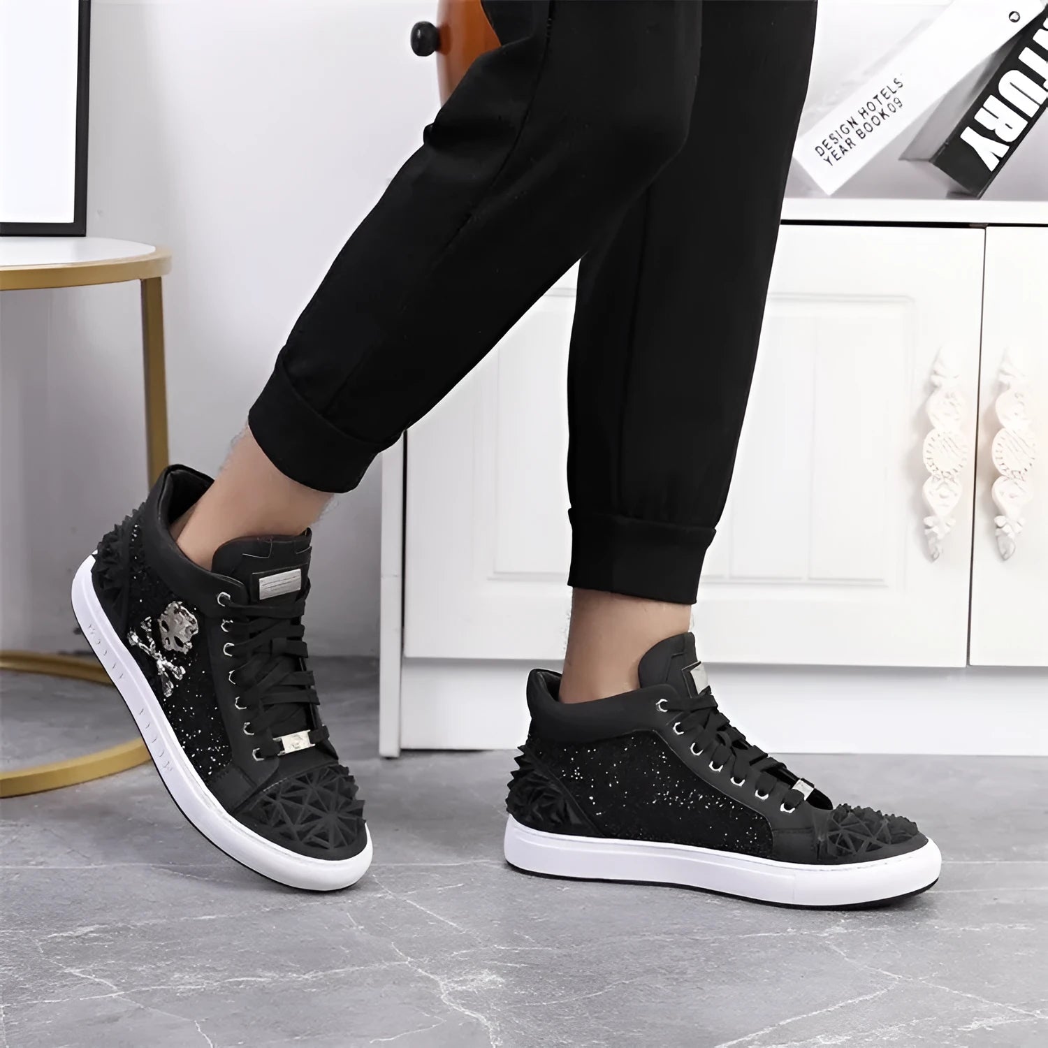 Men's black genuine leather skeleton high top shoes with lace-up closure and round toe design