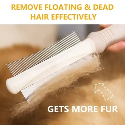 White double-sided dog and cat brush with ergonomic handle showing comb and deshedding sides