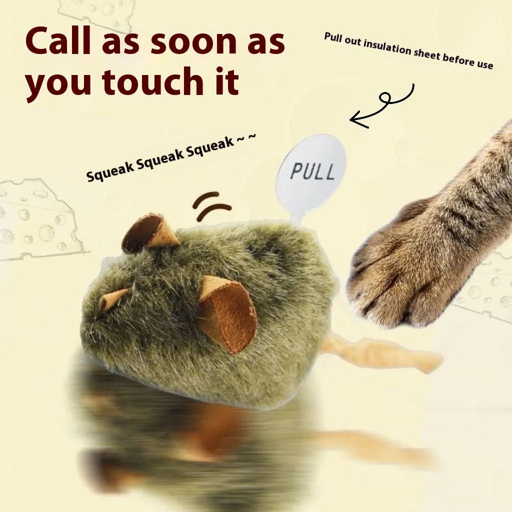 Plush cat toy simulated sound mouse with grey fur and pink nose on white background