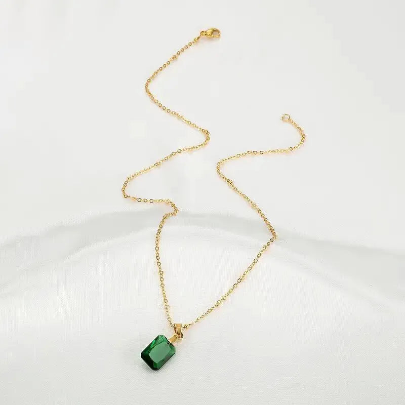 Copper rectangular geometric pendant necklace in XL1006 Green colour on an O-ring chain.