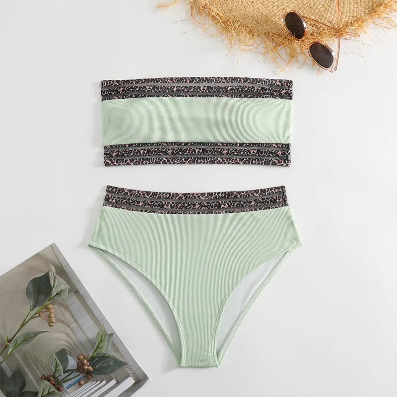 Black strapless swimsuit with leopard print splicing design and matching briefs