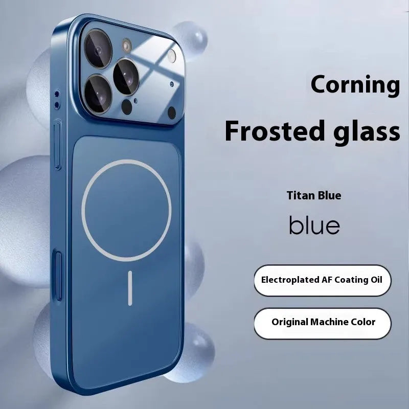 Tempered glass iPhone protective case with magnetic suction, shown in an orange frosted finish.