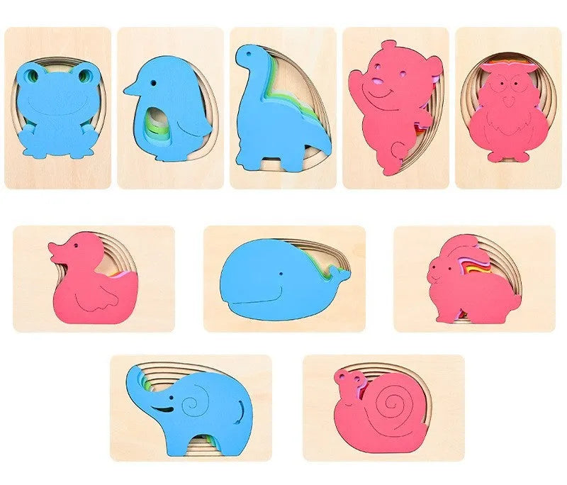 Wooden multi-layer gradient 3D animal puzzle for children aged 4-6, 14.7x9.7x1.6cm, showing a completed animal shape