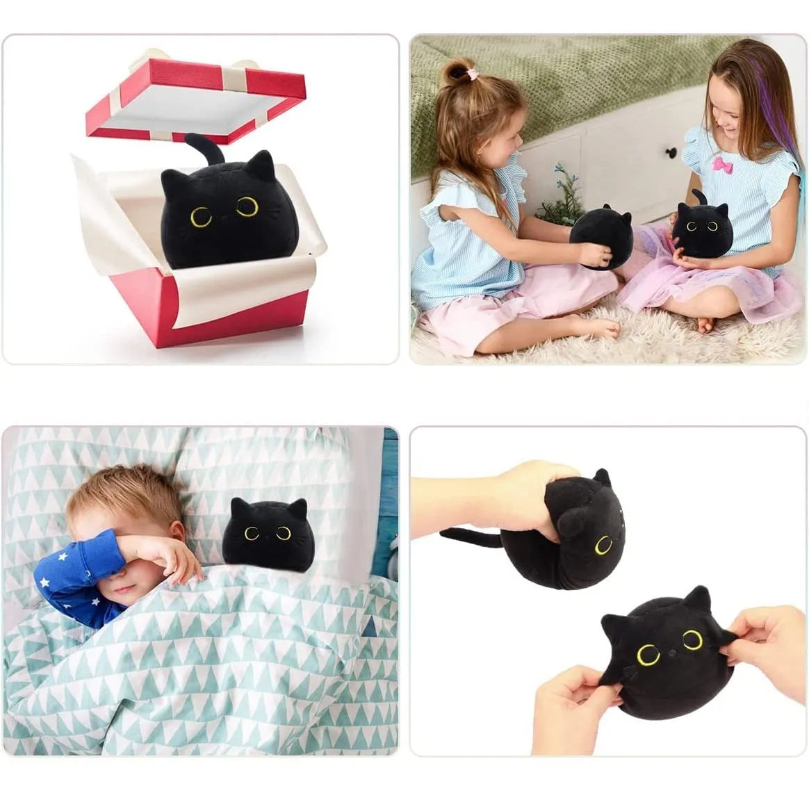 Large black fluffy cat plush toy with soft pillow cushion shape for kids and home decoration