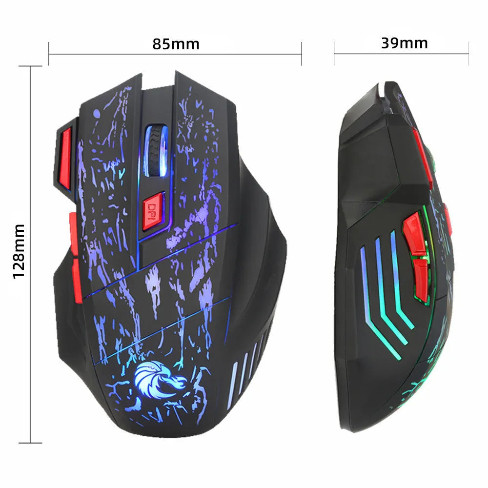 Black gaming mouse with colourful luminous lighting effects and USB cable