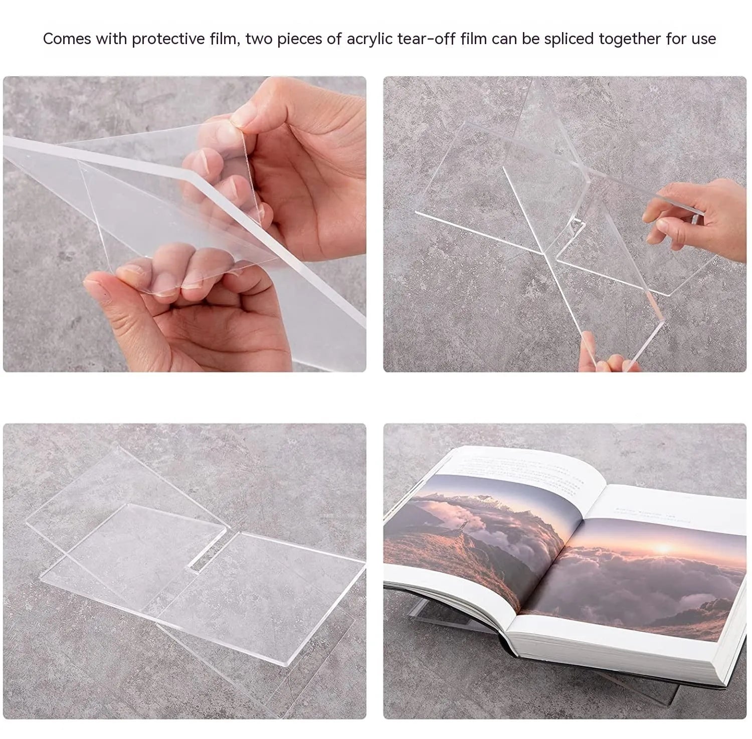 Clear acrylic X-shaped book reading rack displaying a book on a desktop