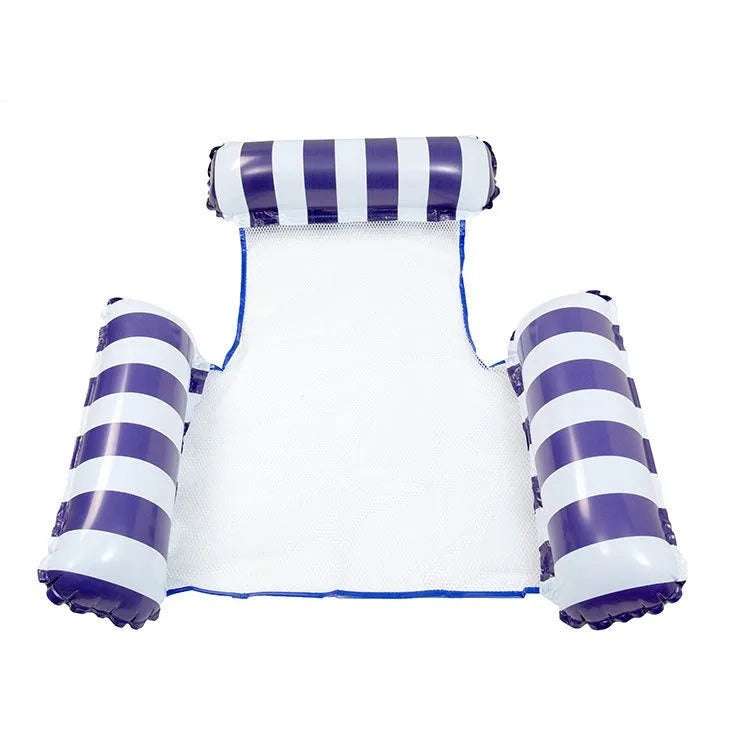 Inflatable striped floating bed in light blue and white 124x99cm PVC on water surface
