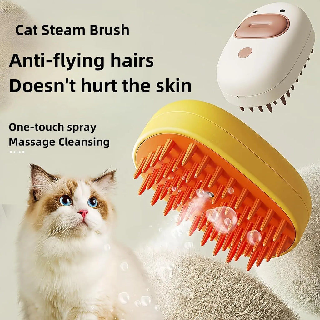 White rechargeable steam pet grooming brush with soft silicone teeth for cats and dogs.