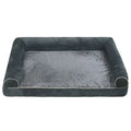 Square dark grey sponge dog bed with breathable cloth cover on a wooden floor.