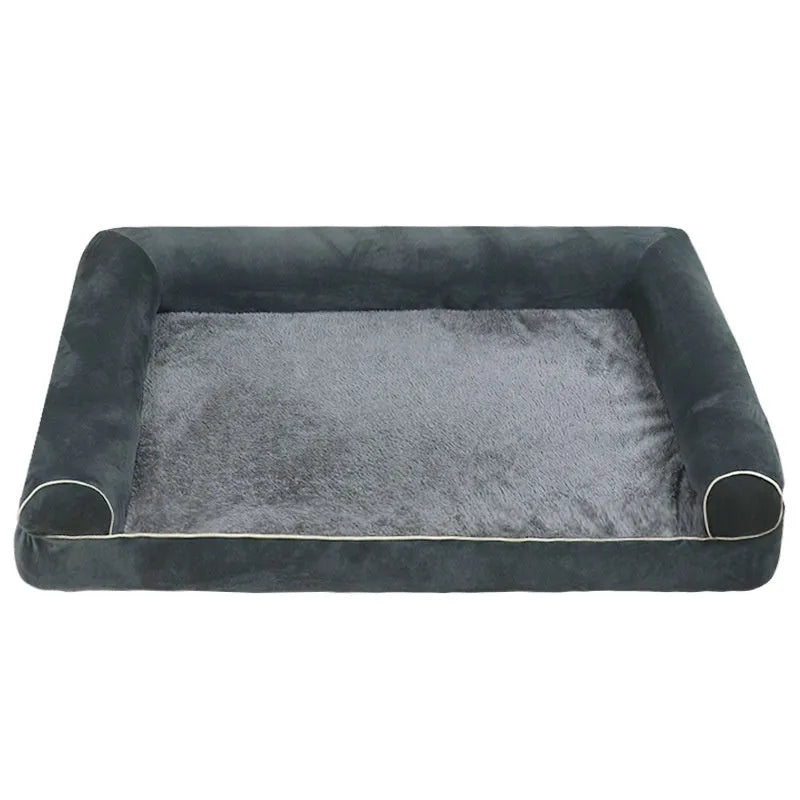 Square dark grey sponge dog bed with breathable cloth cover on a wooden floor.