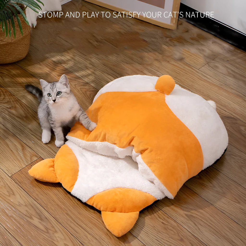 Orange semi-closed cat sleeping bag on a floor, showing its dimensions and sheltered design.