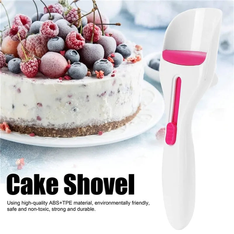 Photo-colour cake batter scoop with push lever on handle, 19.5 cm long, on white background