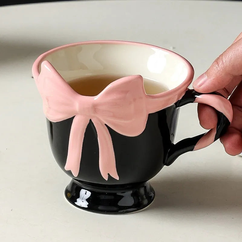 Original design ceramic mug with heart bow shape in White Powder or Black Pink colour, 301-400ml capacity