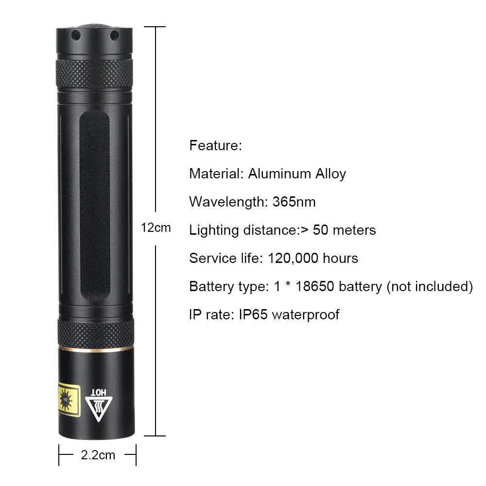 Y36 and 8006 model 365nm ultraviolet flashlights for fluorescent detection and anti-counterfeiting.