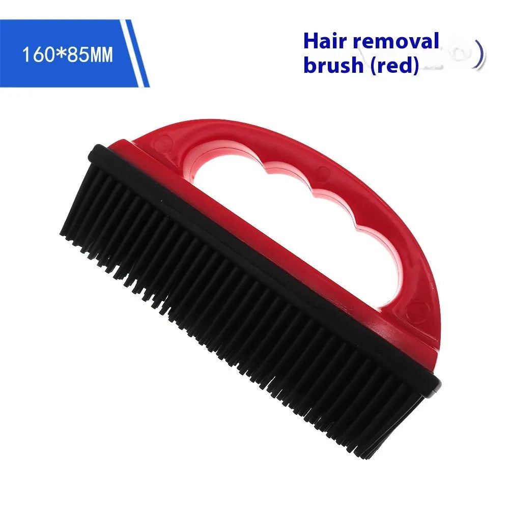 Red pet hair removal brush with rectangular rubber bristle head for grooming and carpet cleaning