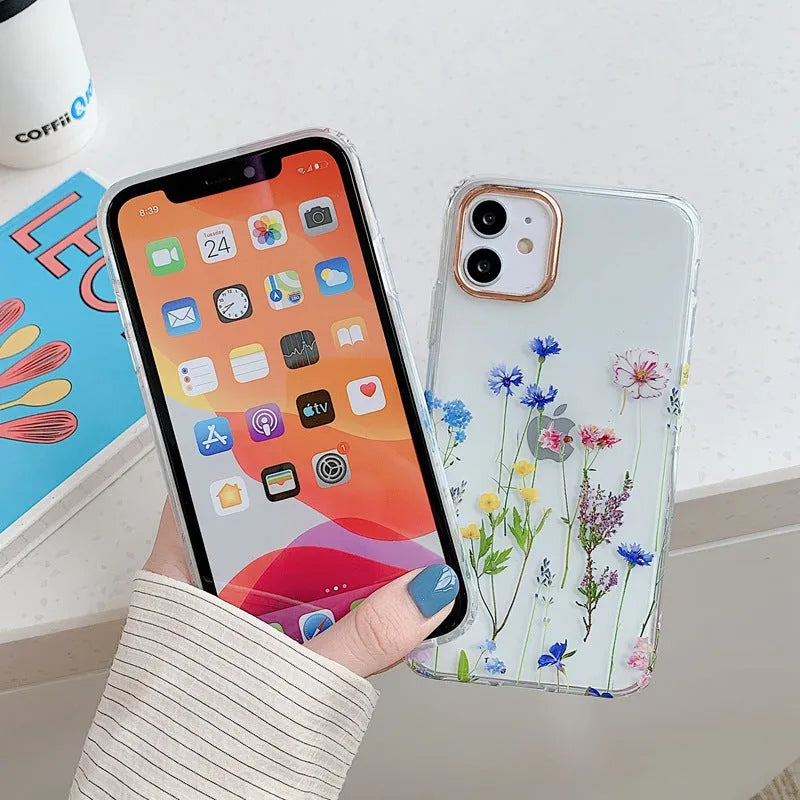 TPU fresh flowers phone case for iPhone with fall protection in pink flower colour