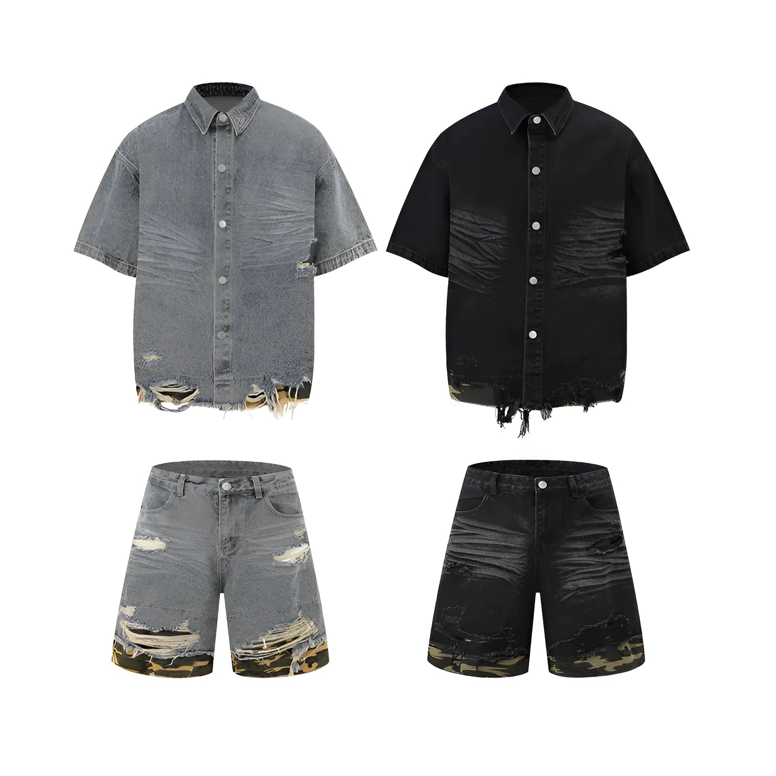 Leopard print denim short sleeve jacket and matching shorts with cut edge stitching detail