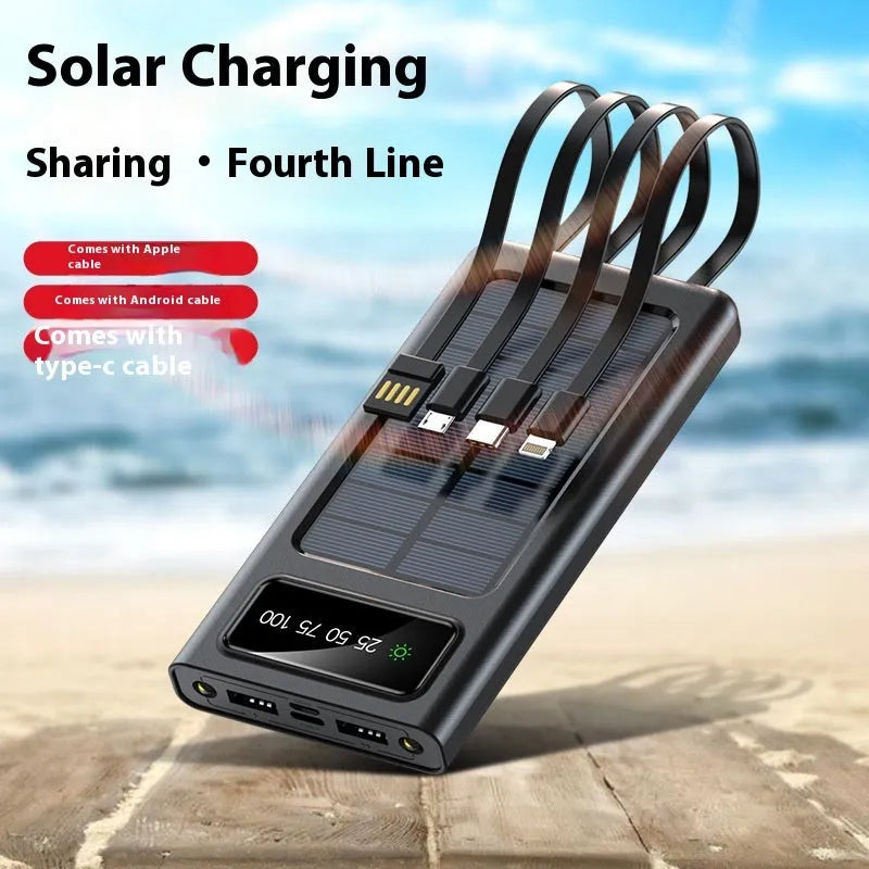 Black and white solar power bank with built-in cable showing 20000mAh capacity and dimensions.