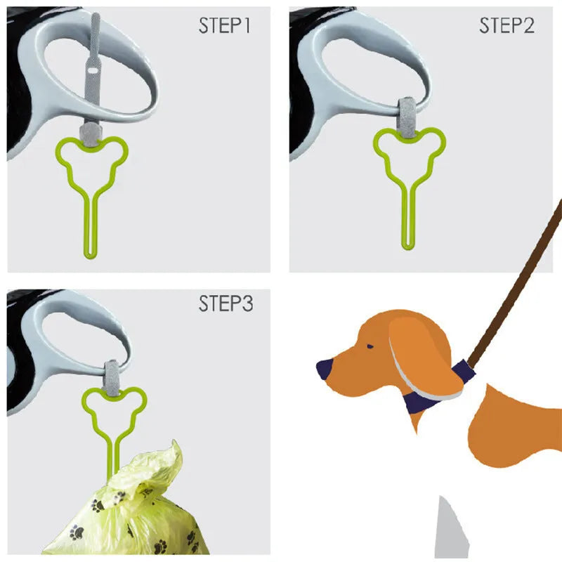 A black dog poop bag holder with a fixed clip and velcro strap, shown attached to a dog leash.