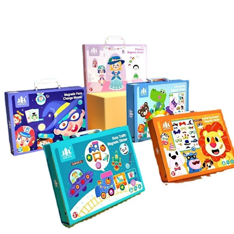 Children's wooden magnetic puzzle board with themed sticker toys in colour box, 27x20x4.3cm
