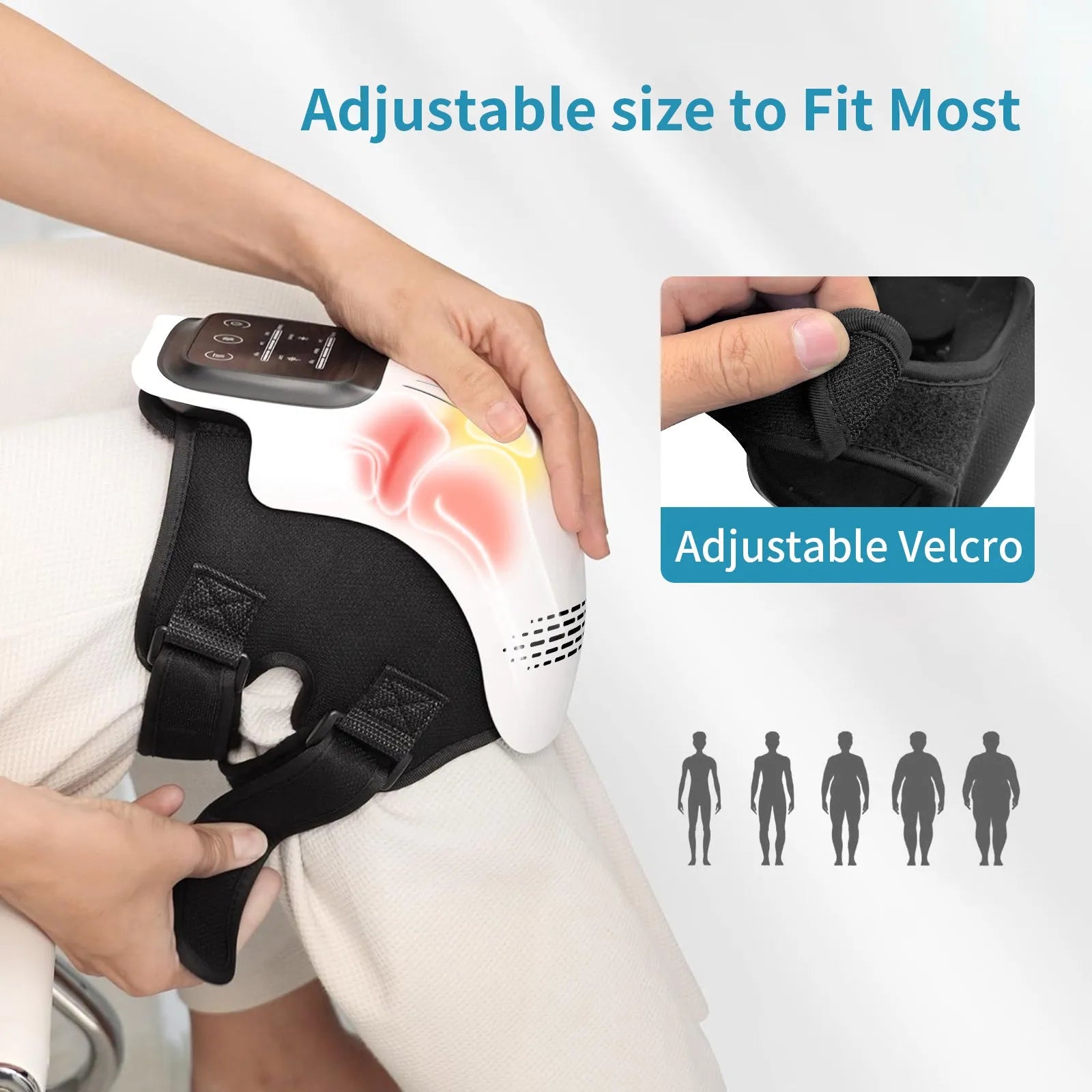 Rechargeable electric knee massager in white or wood colour with USB charging cable