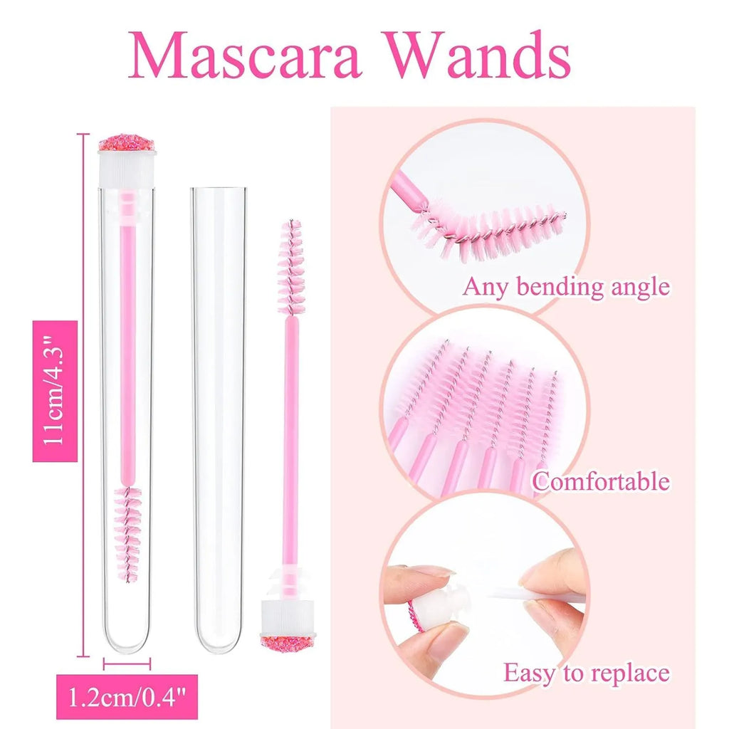 Set of coloured disposable eyelash brushes stored in clear plastic tubes