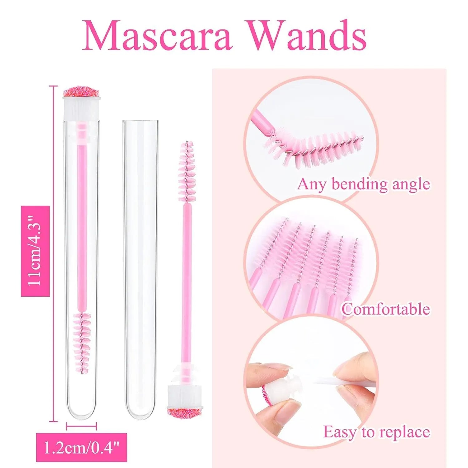 Set of coloured disposable eyelash brushes stored in clear plastic tubes