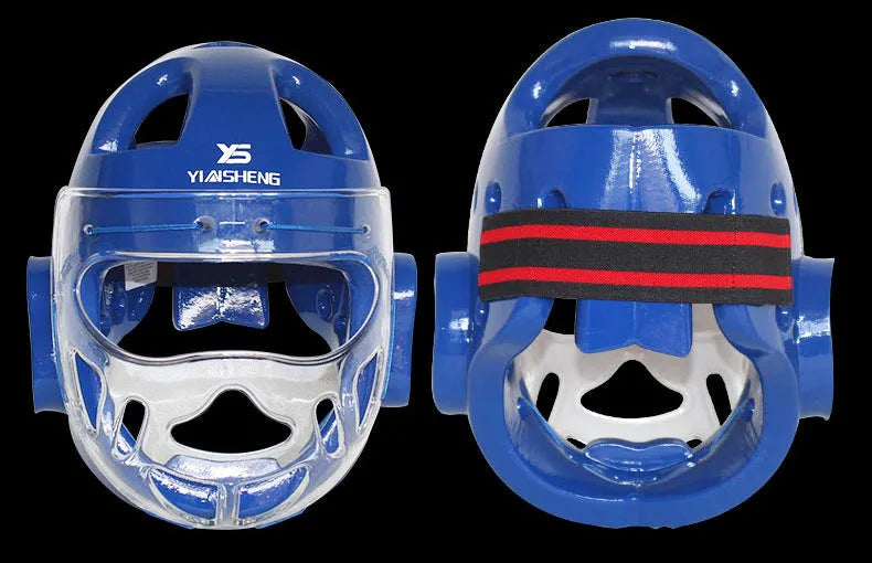 Karate boxing helmet for head protection shown in white, blue, and red colour options.