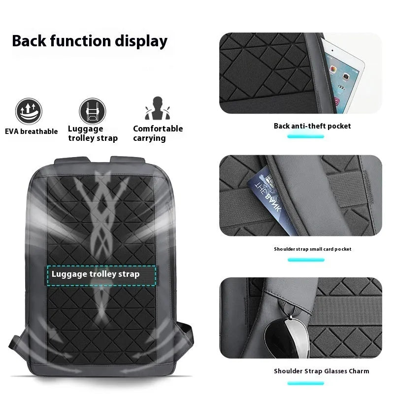 Lightweight Oxford cloth men's backpack in dark gray with sewing line detailing and thin profile
