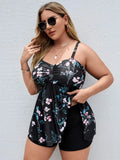 Women's floral print one-piece swimsuit with split colour design on high elasticity polyester fabric.