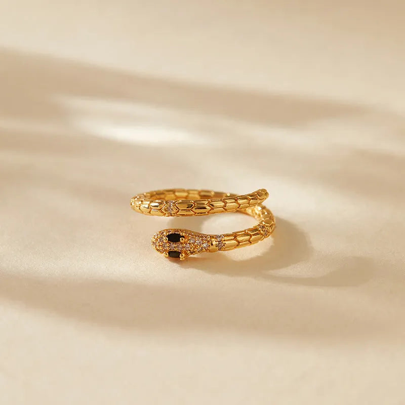 Women's adjustable copper snake ring with 18K gold-colour plating and diamond treatment in KR0201 colour.