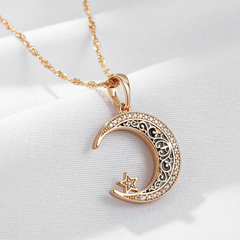 Rose gold necklace with star moon zircon pendant on water wave chain