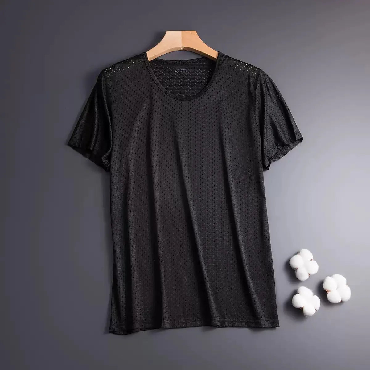 Men's ice silk short sleeve t-shirt in loose fit crew neck design showing ultra-thin mesh fabric texture
