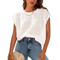 White women's crochet sleeve sweater with loose fit and round neck