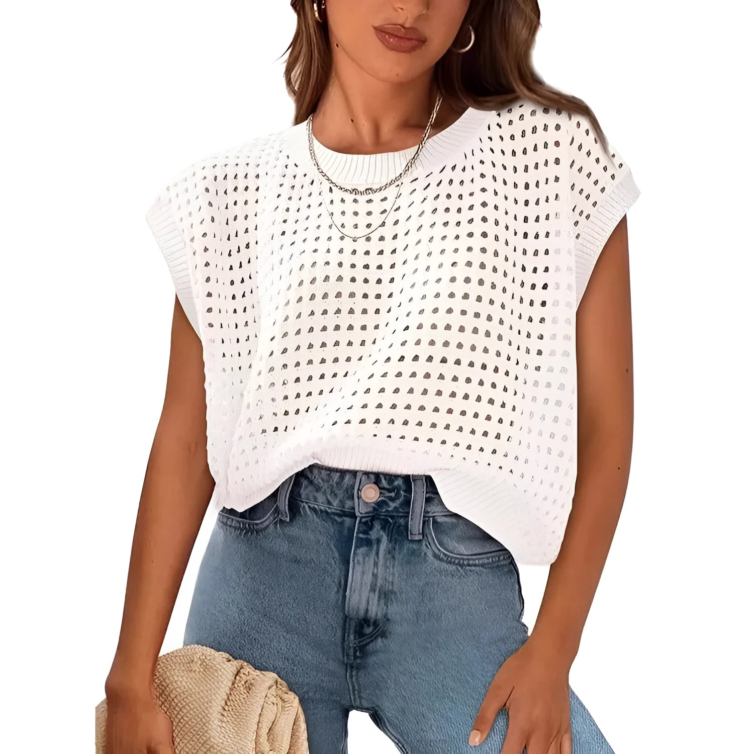 White women's crochet sleeve sweater with loose fit and round neck