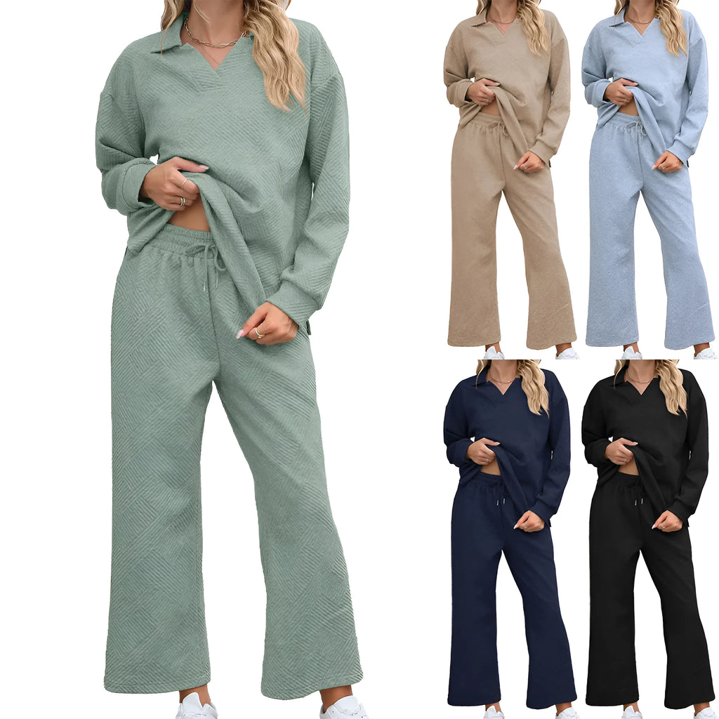 Geometric patterned women's knitted suit with long sleeve top and cropped elastic waist trousers