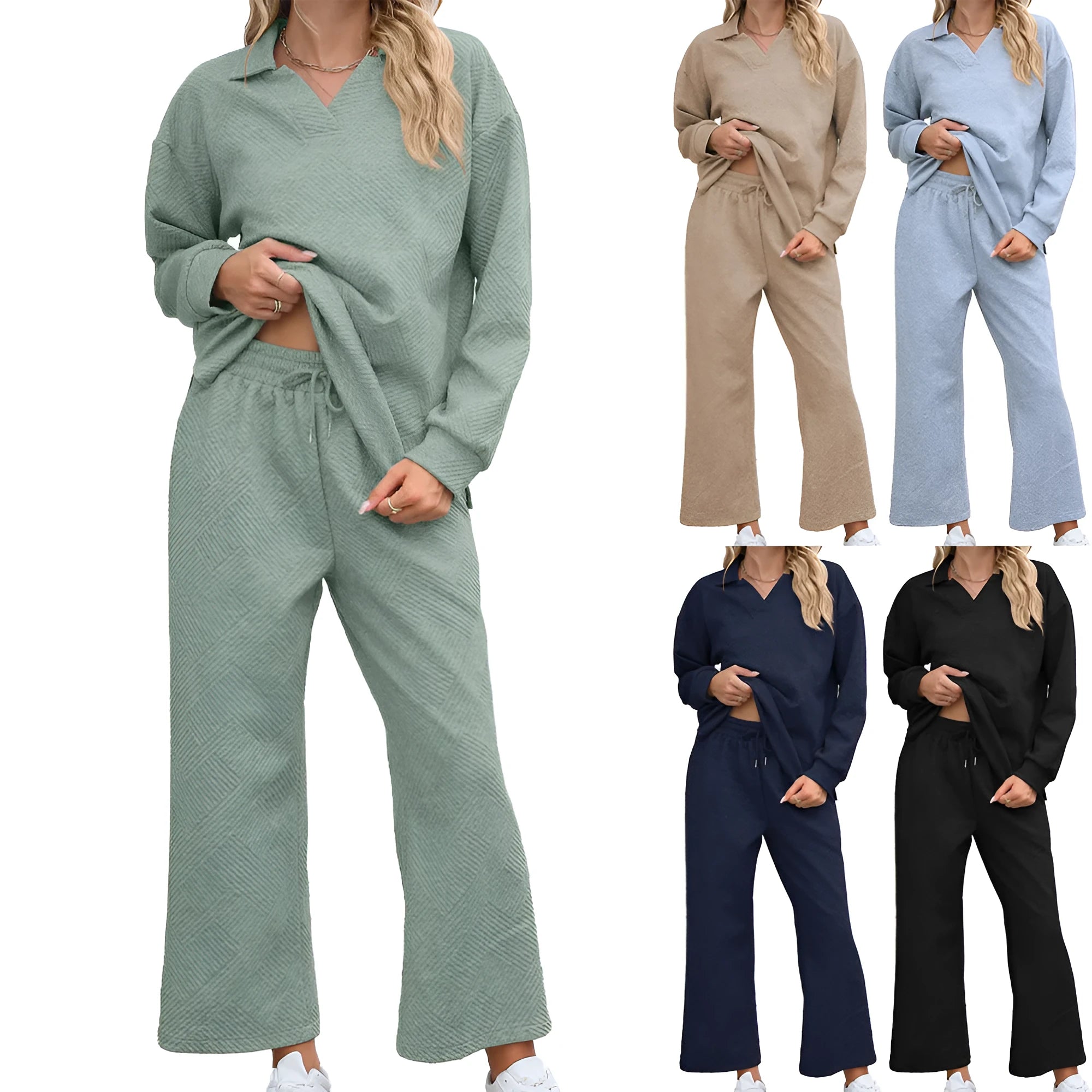 Geometric patterned women's knitted suit with long sleeve top and cropped elastic waist trousers