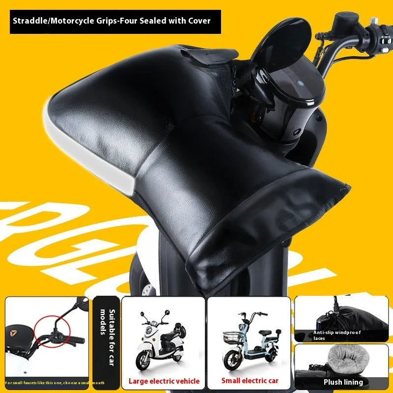 Electric motorcycle winter thermal waterproof handle grip gloves with fleece lining in gray reflective stripe style