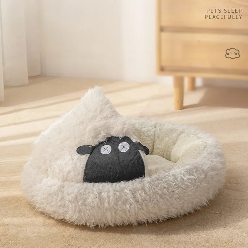 Lamb shape cave cat bed, winter warm enclosed semi-enclosed round bed, sizes S 45x45x13cm and M 53x53x13cm