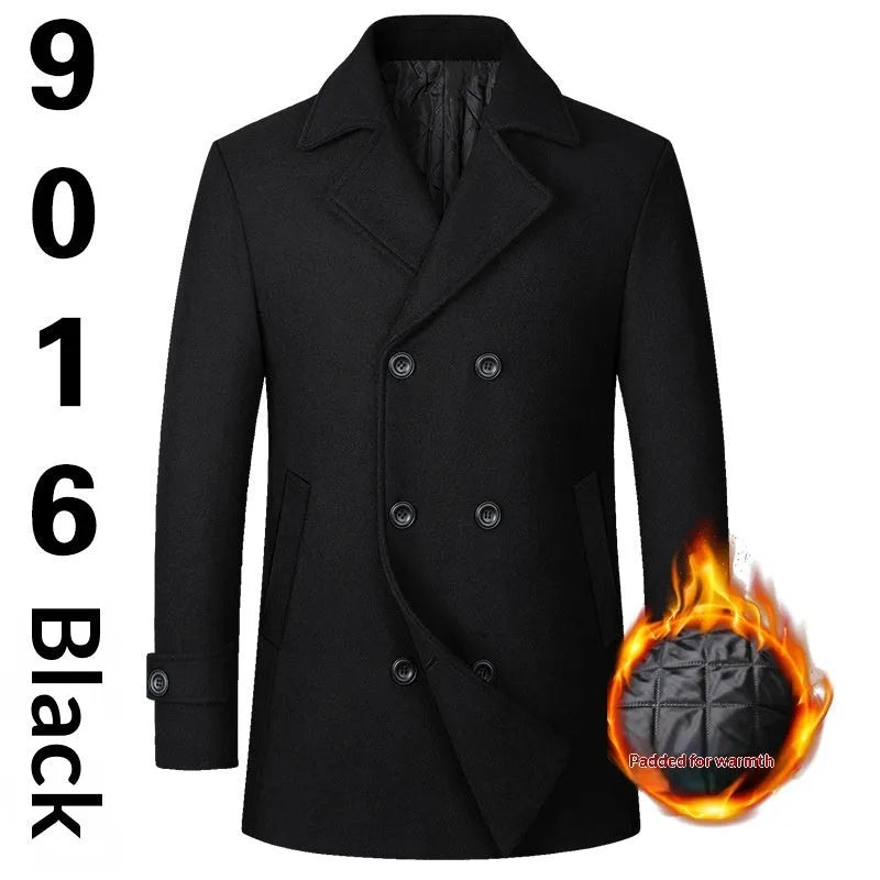 Men's double-breasted lapel mid-length wool coat in loose fit, available in black colour, European sizes S to XXL
