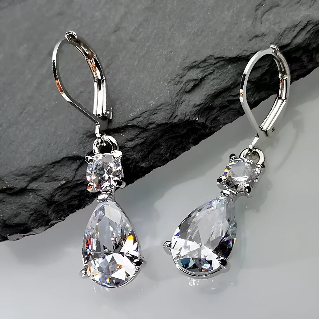 Fashion creative simple drop-shaped long earrings in white gold colour for women with diamond finish