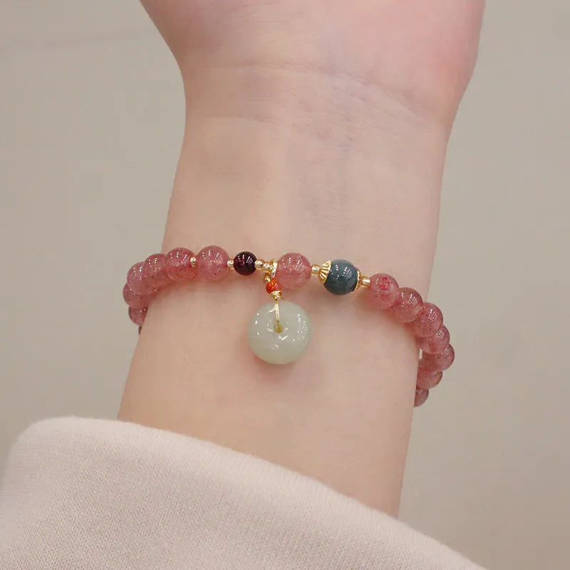 Natural strawberry quartz women's bracelet with geometric design and silver safety buckle