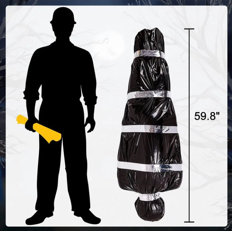 Black fake body bag outdoor prop 150cm with inflatable human body, hemp rope, and rubber ring for Halloween horror decoration